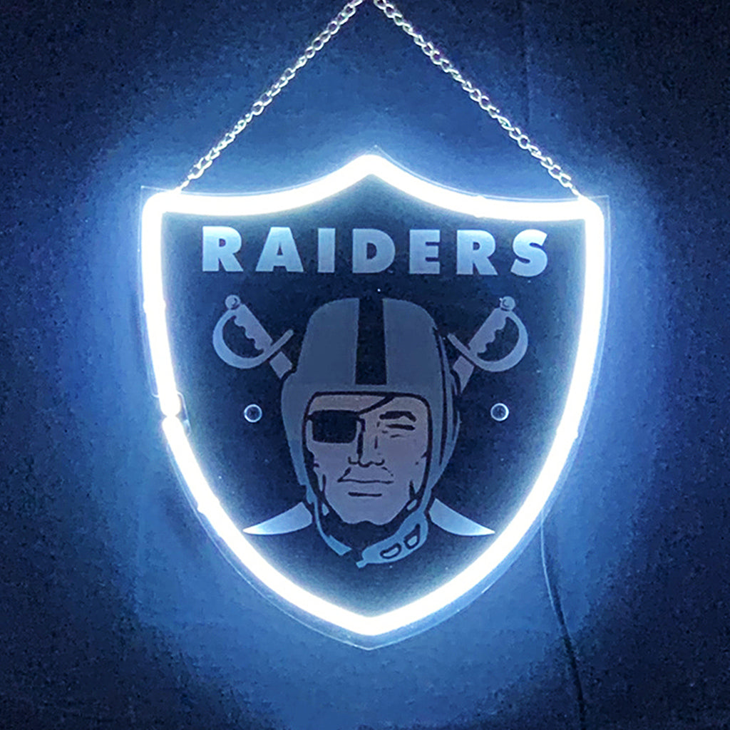 "Las Vegas Raiders neon sign glass - vibrant team logo, perfect for bars, game rooms, and fan spaces.”