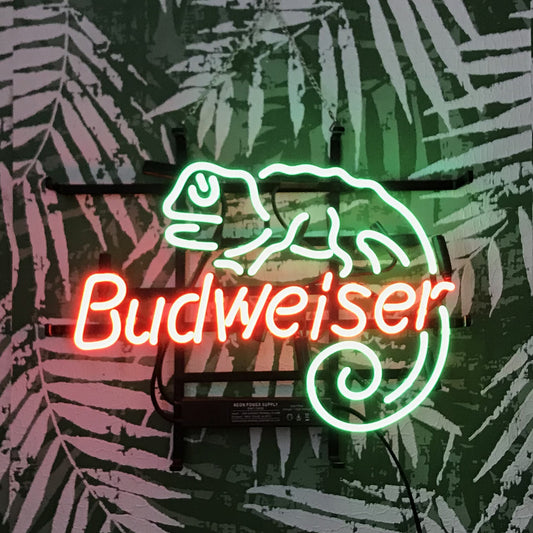 "Lizard Budweiser neon sign glass - bright and vibrant logo, perfect for bars, game rooms, and man caves."