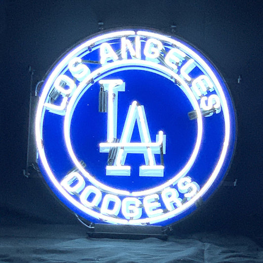 "Los Angeles Dodgers neon sign glass - vibrant team logo, perfect for sports bars, game rooms, and fan spaces.