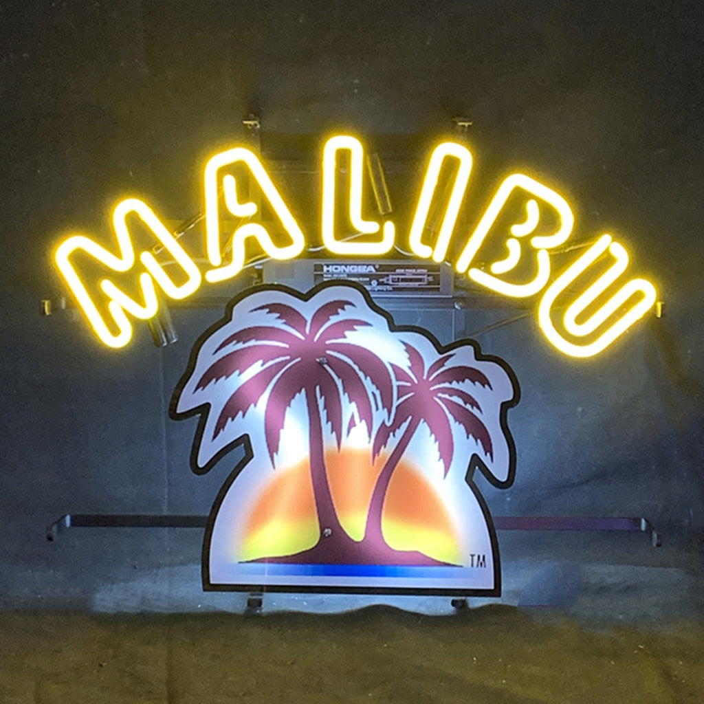 "Malibu Beer with Palm Tree Acrylic neon sign - bright and vibrant logo, perfect for bars, shops, man caves gift decoration."