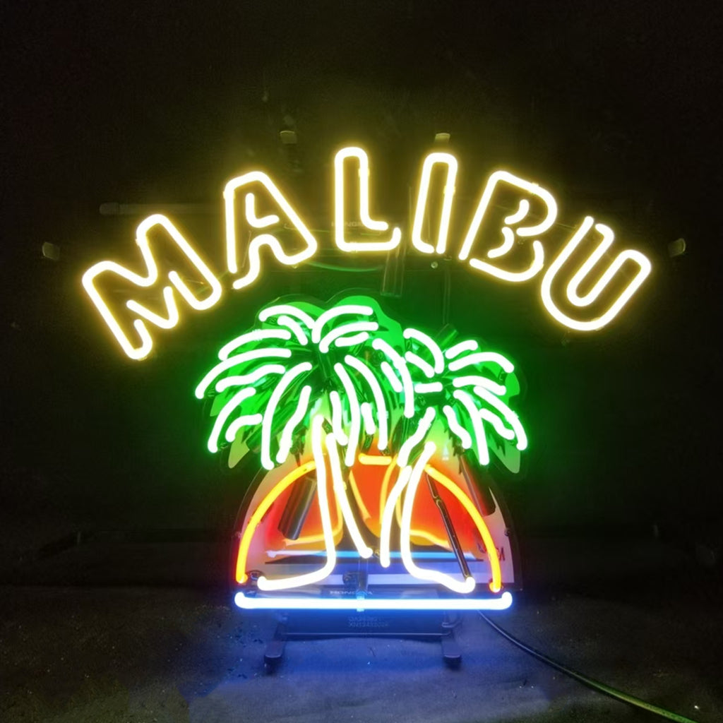 "Malibu Beer Palm Tree neon sign glass - bright and vibrant logo, perfect for bars, business shop, garage, man caves wall decor."