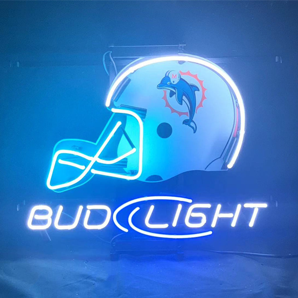 "Miami Dolpins Helmet Bud Light neon sign glass - bright and vibrant logo, perfect for bars, shops, man caves gift decoration."