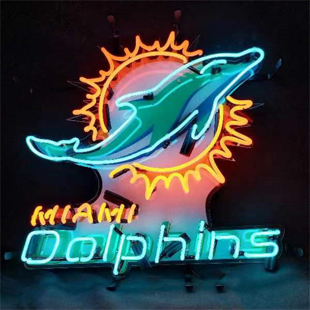 "Miami Dolphins neon sign glass - vibrant team logo, perfect for bars, game rooms, and fan spaces.”