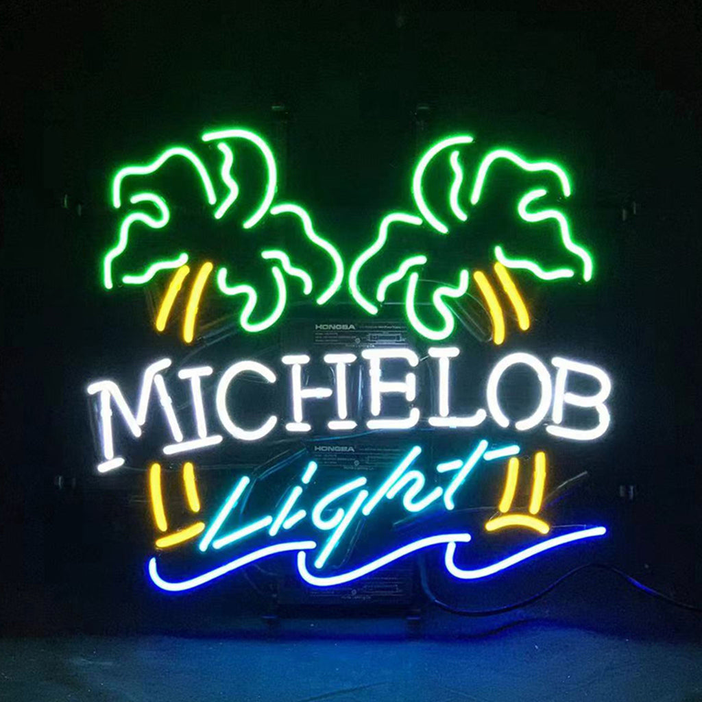 "Michelob Light Coconut Palm neon sign glass - bright and vibrant logo, perfect for bars, shops, man caves gift decoration."