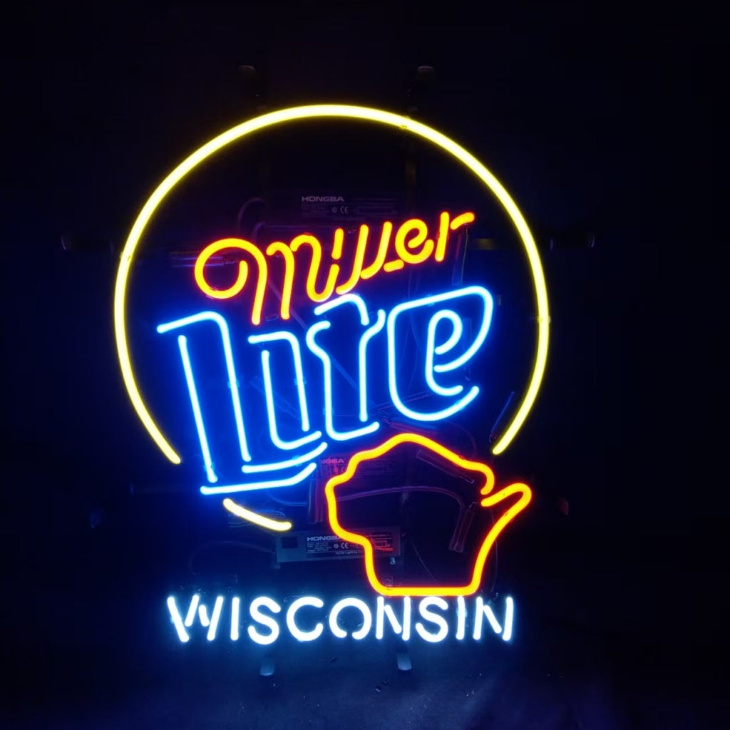 Wisconsin State & Beer Neon Sign - Miller Lite Style Glass