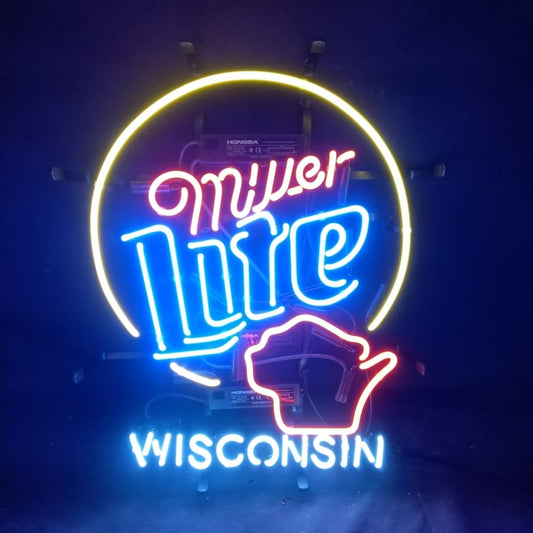 "Glowing Wisconsin state shape with vintage beer font neon lettering in blue/white/red/yellow glass tubes, ideal for Midwest-themed decor.“