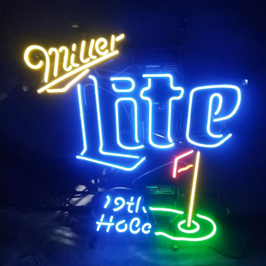 "Yellow Miller Lite 19th Hole neon sign glass - bright and vibrant logo, perfect for bars, business shop, garage, man caves wall decor."