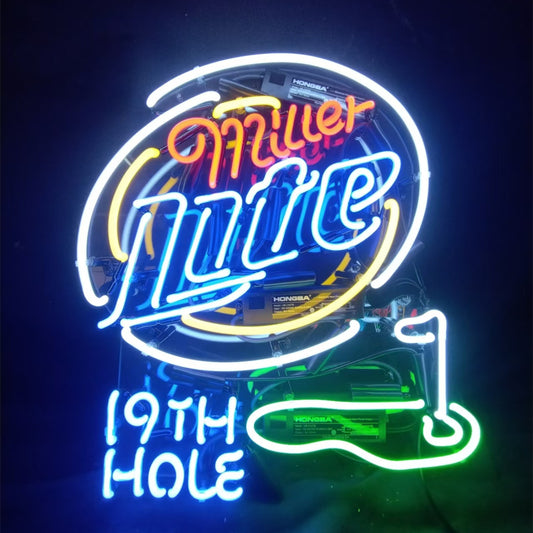 "Miller Lite 19th Hole neon sign glass - bright and vibrant logo, perfect for bars, business shop, garage, man caves wall decor."