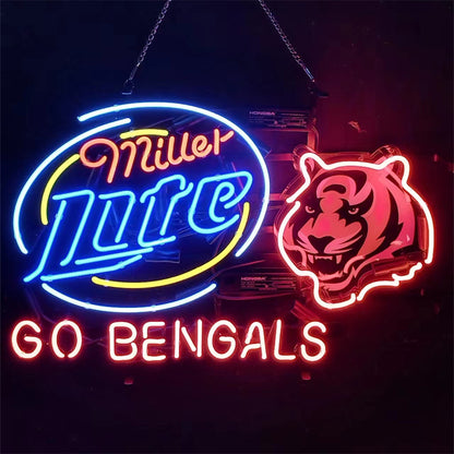 "Acrylic Cincinnati Go Bengals Miller Lite neon sign glass - bright and vibrant logo, perfect for bars, shops, man caves gift decoration."