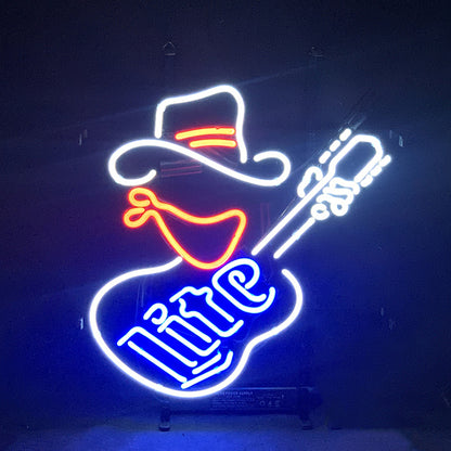 "Cowboy Guitar with Lite neon sign glass - bright and vibrant logo, perfect for bars, shops, man caves gift decoration."