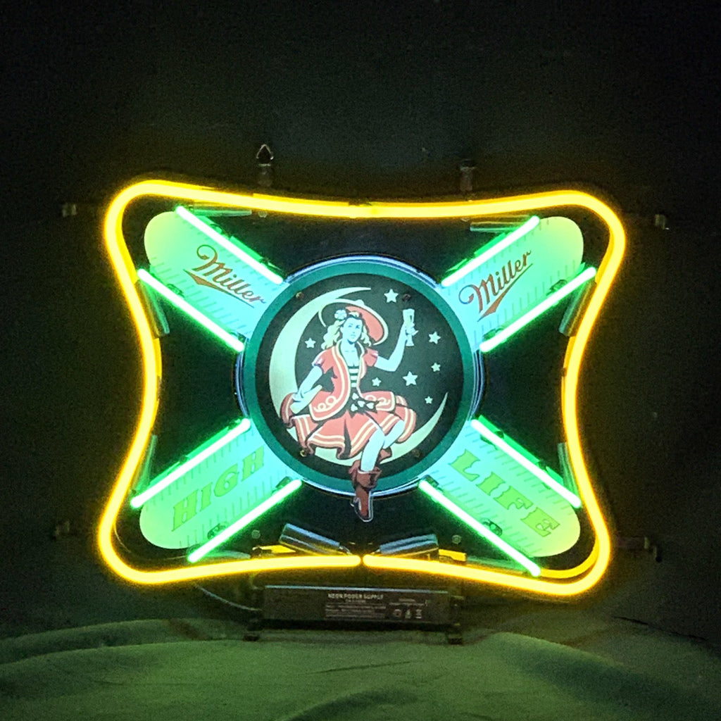 "Miller Lite High Life Girl Lager neon sign glass - bright and vibrant logo, perfect for bars, game rooms, and man caves."