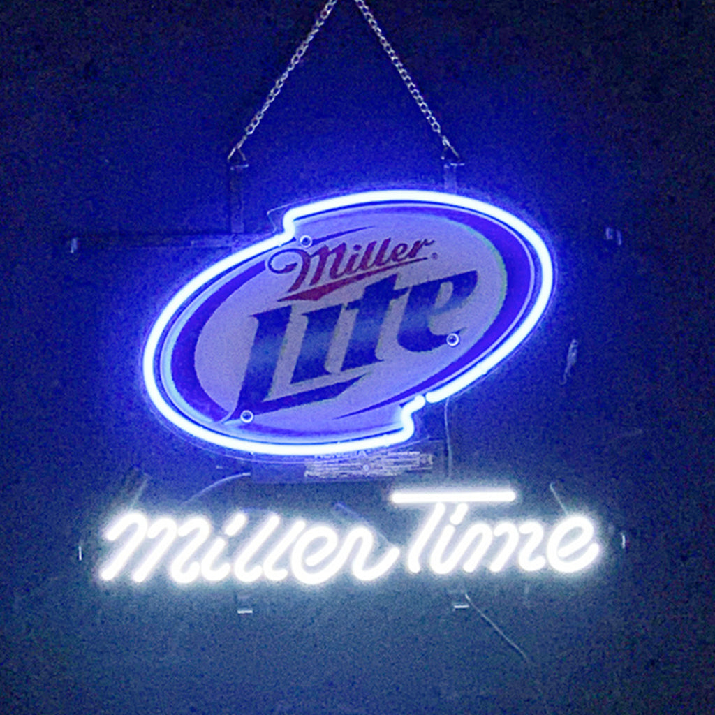 "Miller Lite Miller Time neon sign glass - bright and vibrant logo, perfect for bars, shops, man caves gift decoration."