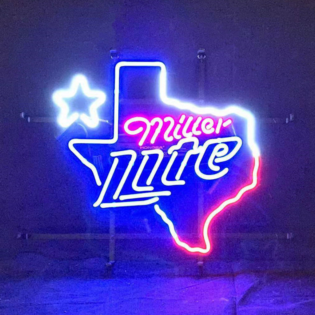 "Miller Lite with Texas Map Star neon sign glass - bright and vibrant logo, perfect for bars, game rooms, and man caves."