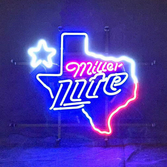 "Miller Lite with Texas Map Star neon sign glass - bright and vibrant logo, perfect for bars, game rooms, and man caves."