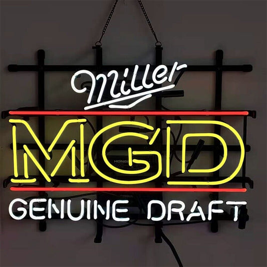 "Miller MGD Genuine Draft neon sign glass - bright and vibrant logo, perfect for bars, shops, man caves gift decoration."