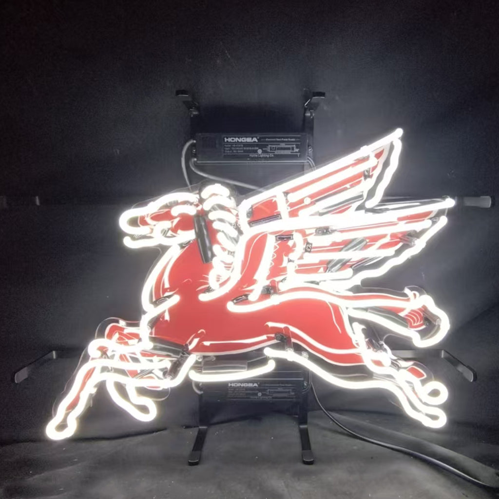 "Mobilgas Gas Oil Flyin Horse White Neon Sign LightGlass - ideal for enhancing the vintage ambiance of any space."