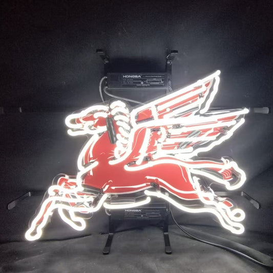 "Mobilgas Gas Oil Flyin Horse White Neon Sign LightGlass - ideal for enhancing the vintage ambiance of any space."