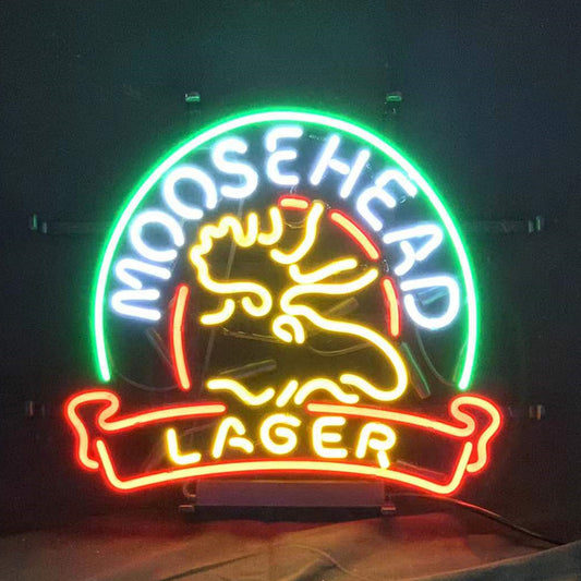 "Moosehead Lager with Stag Deer neon sign glass - bright and vibrant logo, perfect for bars, game rooms, and man caves."