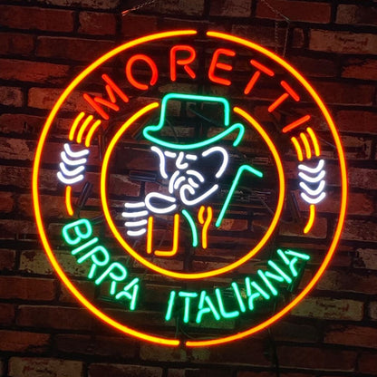 "Moretti Birra Italiana Beer neon sign glass - bright and vibrant logo, perfect for bars, business shop, garage, man caves wall decor."