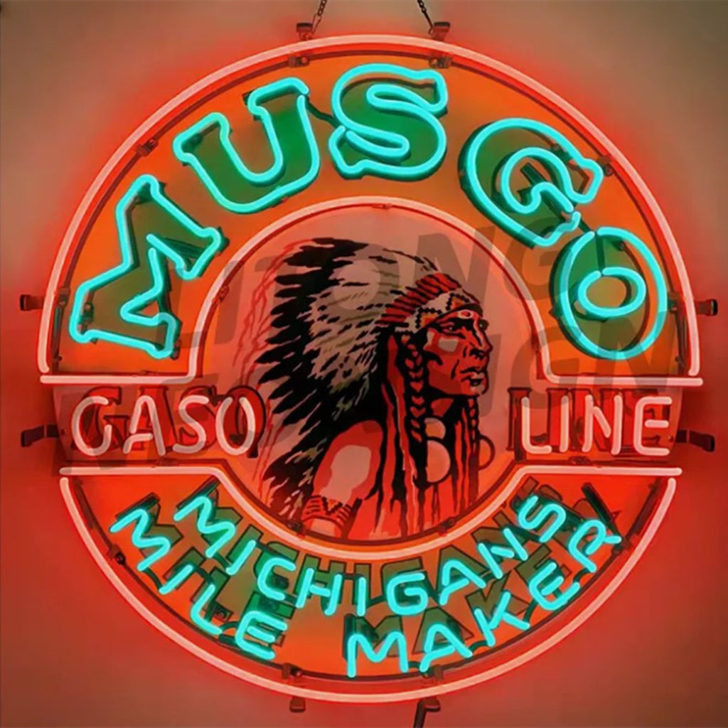 "Musgo Gasoline Michigans Mile Maker neon sign glass with acrylic printed- ideal for gas stations, shops, garages, gift.  Enhancing the vintage ambiance of any space."