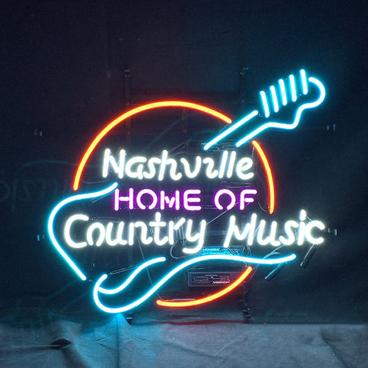 "Nashville Home of Country Muisc Guitar neon sign glass- perfect for garages, man caves or bedrooms"