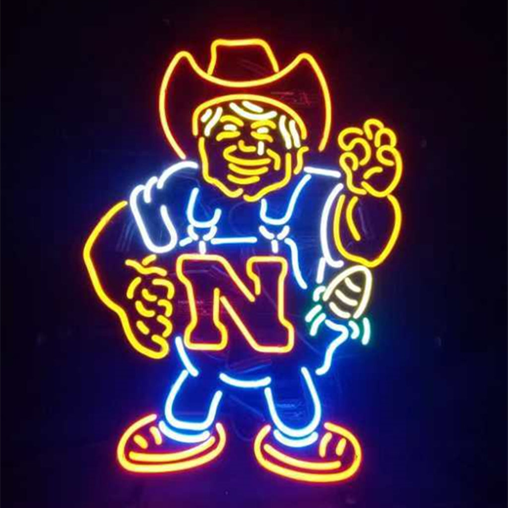 "Nebraska Herbie neon sign glass - vibrant team logo, perfect for sports bars, game rooms, and fan spaces."