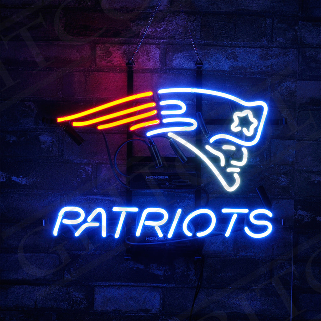 "New England Patriots neon sign glass - vibrant team logo, perfect for sports bars, game rooms, and fan spaces."