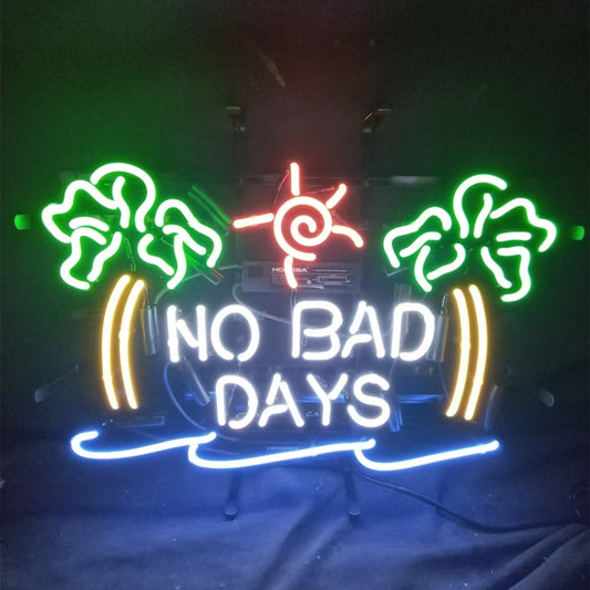 "No Bad Days Sun Beach Tree neon sign glass- perfect for garages, man caves, shops. Eye-catching on wall and window"