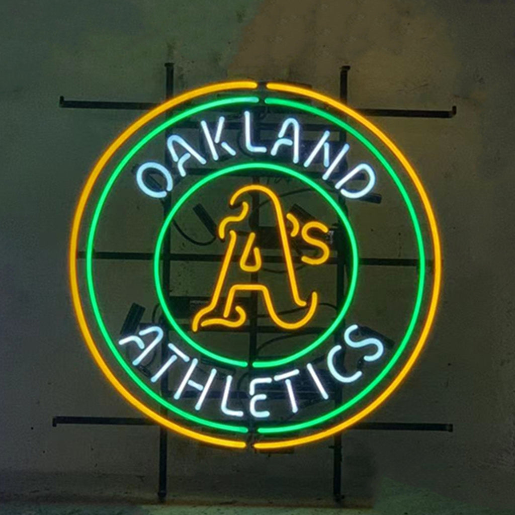 "Oakland Athletics A's neon sign glass - vibrant team logo, perfect for sports bars, game rooms, and fan spaces."