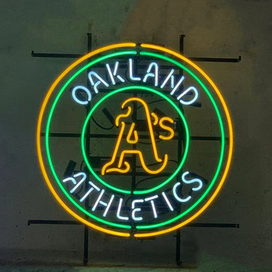 "Oakland Athletics A's neon sign glass - vibrant team logo, perfect for sports bars, game rooms, and fan spaces."