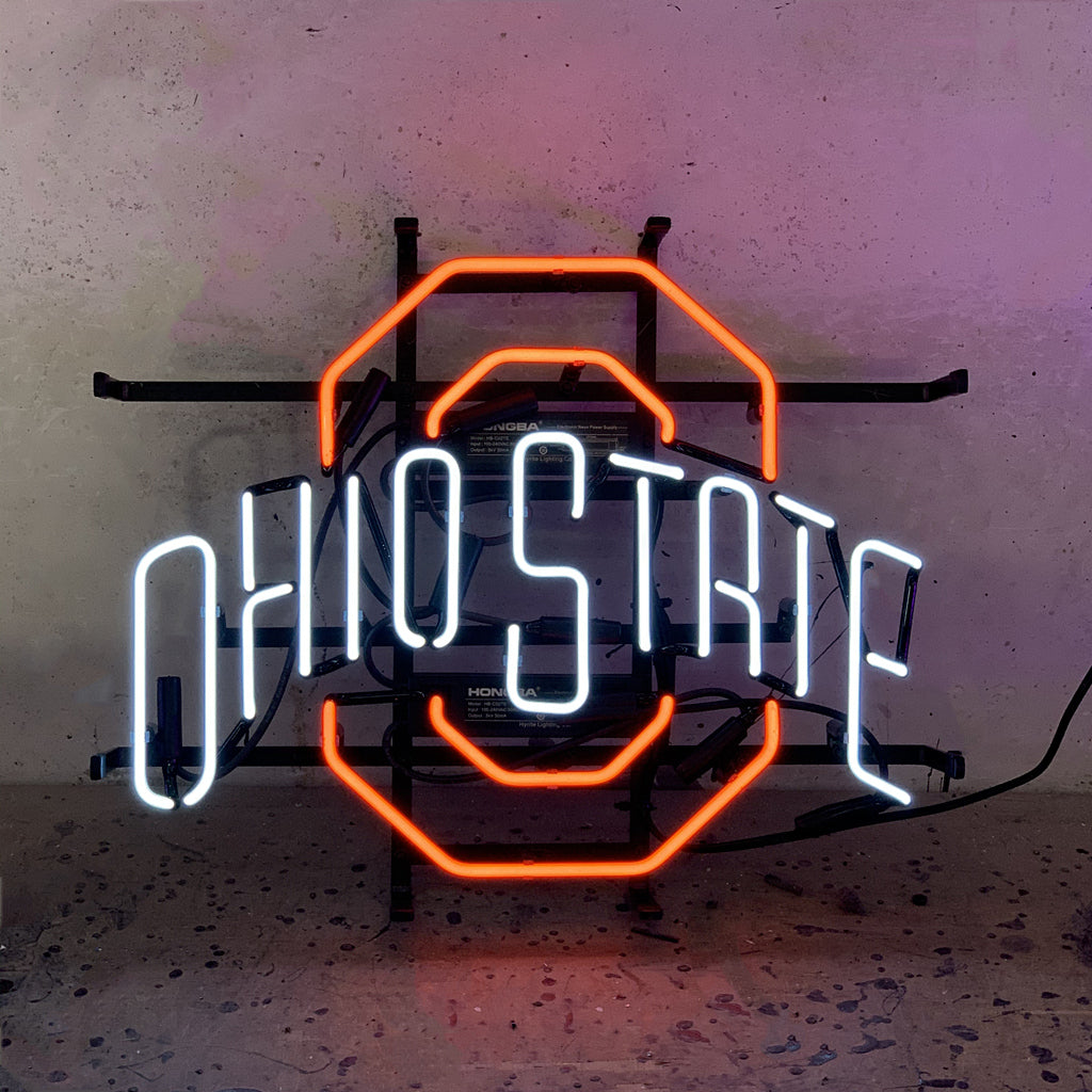 "Ohio State neon sign glass - bright and vibrant logo, perfect for bars, game rooms, and man caves."