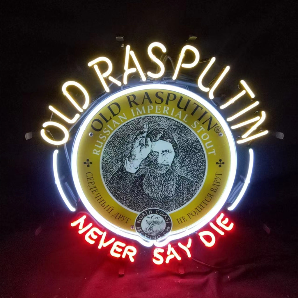 "Old Rasputin Never Say Die neon sign glass - bright and vibrant logo, perfect for bars, shops, man caves gift decoration."