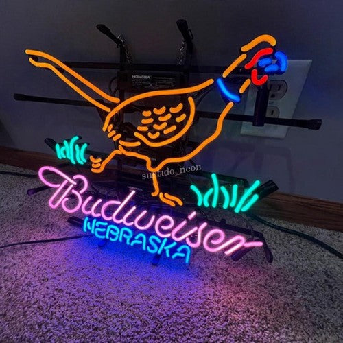Orange Pheasant Hunter with Budweiser Nebraska Real Neon Signs Light