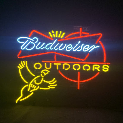 "Outdoors Pheasant Budweiser with Crown neon sign glass - bright and vibrant logo, perfect for bars, game rooms, and man caves."