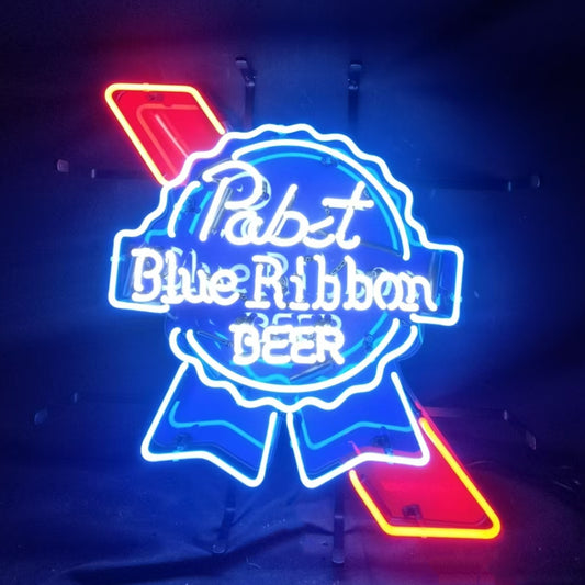 "Pabst Blue Ribbon Beer neon sign glass - bright and vibrant logo, perfect for bars, business shop, garage, man caves wall decor."