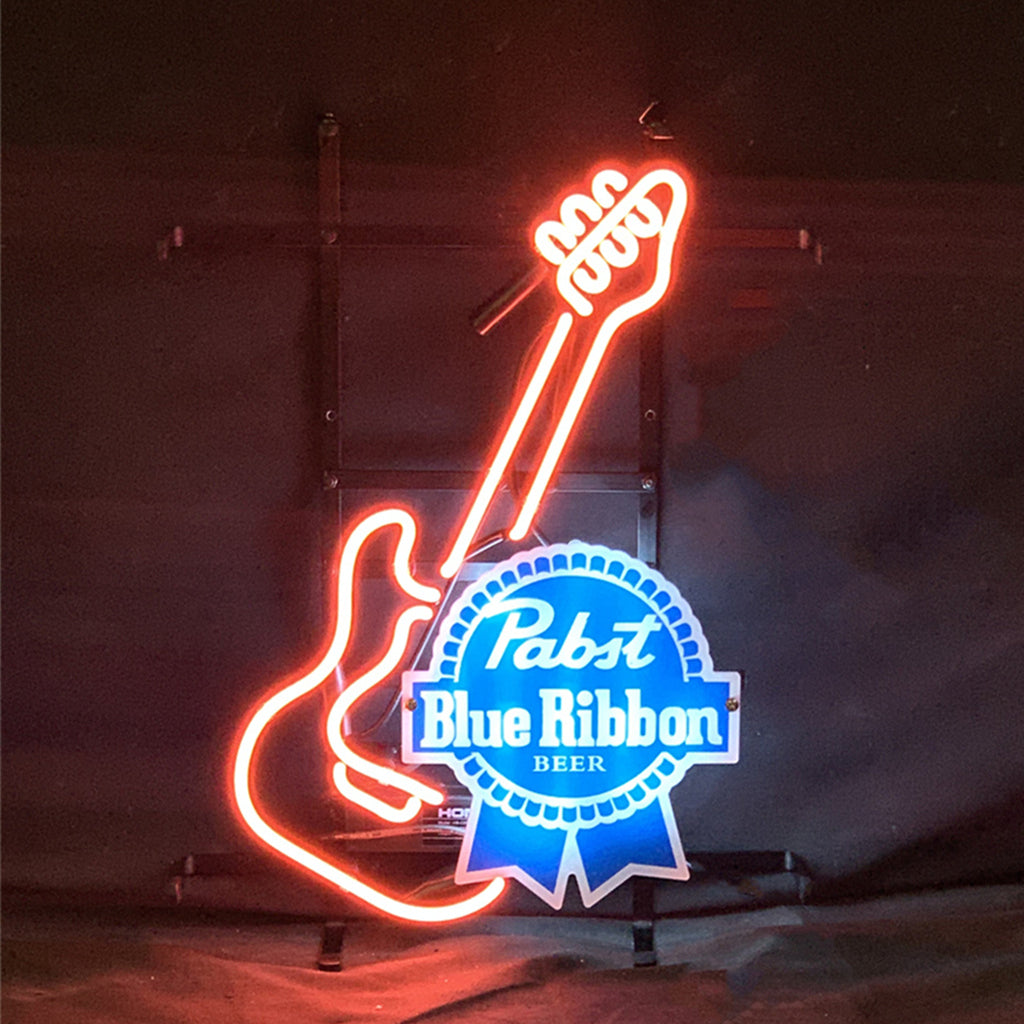 "Guitar with Blue Ribbon Beer neon sign glass - bright and vibrant logo, perfect for bars, shops, man caves gift decoration."