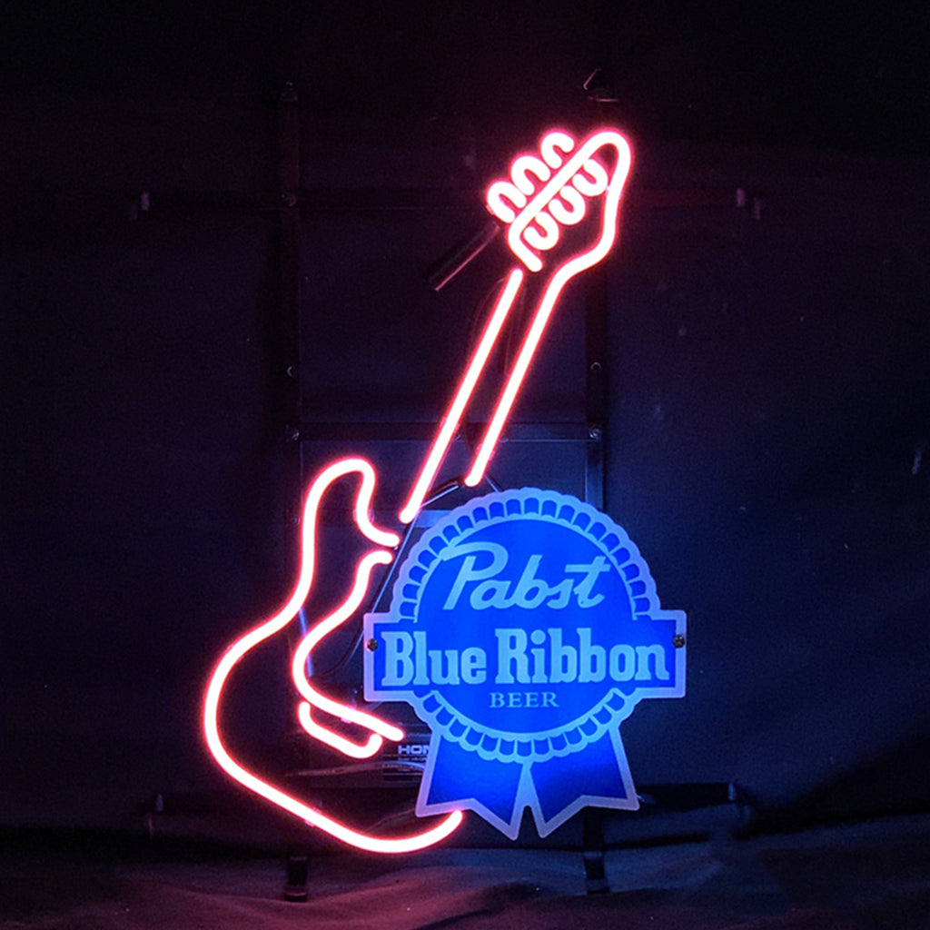 Guitar with Pabst Blue Ribbon Neon Signs