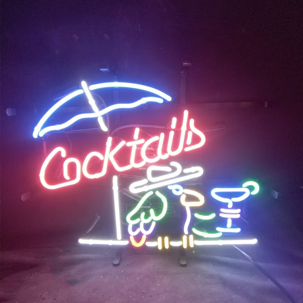 "Cocktails Umbrella Parrot neon sign glass - bright and vibrant logo, perfect for bars, business shop, garage, man caves wall decor."