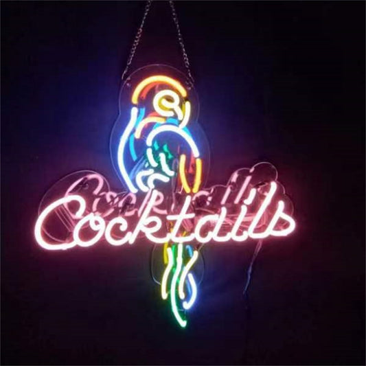 Handcrafted glass tube neon sign, beautiful parrot designs and pink Cocktails fonts, suitable for wall decoration in bars, rooms, etc. 
