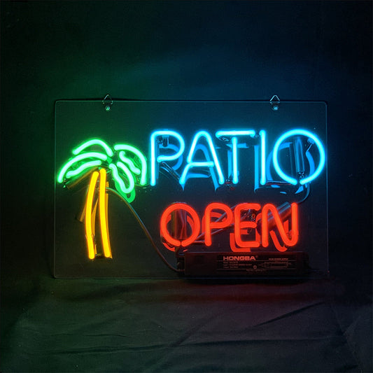 "Patio Open with Palm Tree neon sign glass - bright and vibrant logo, perfect for bars, game rooms, and man caves."