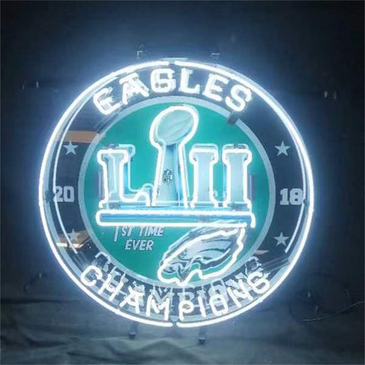 "Philadelphia Eagles 2018 Champions Cup neon sign glass - vibrant team logo, perfect for sports bars, game rooms, and fan spaces."