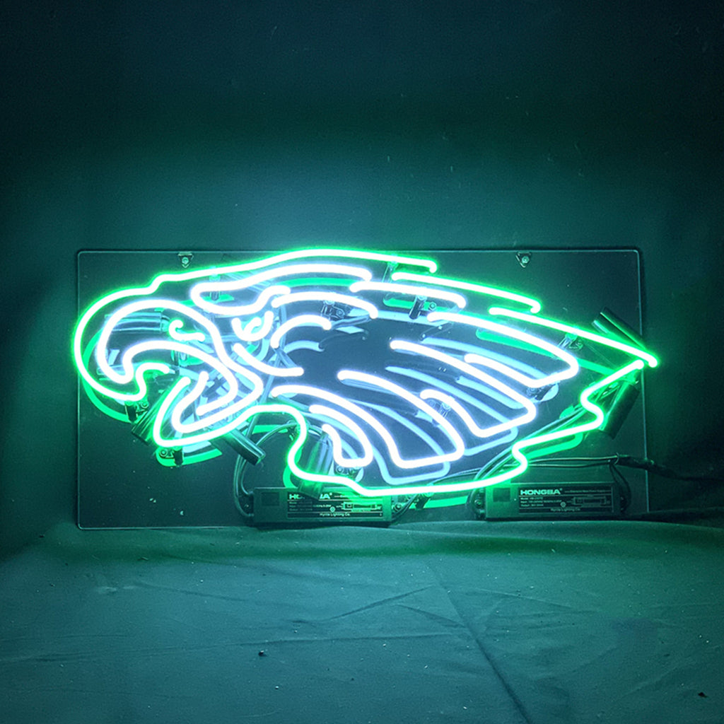 "Philadelphia Eagles Green neon sign glass - vibrant team logo, perfect for sports bars, game rooms, and fan spaces."