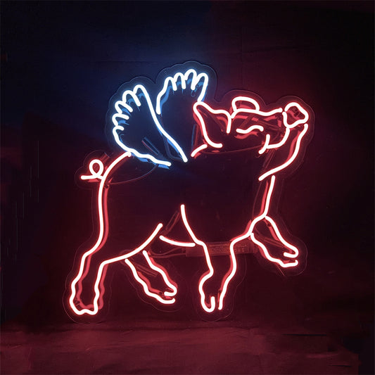 "Pink pig with wings neon sign glass- perfect for garages, man caves, shops. Eye-catching on wall and window"