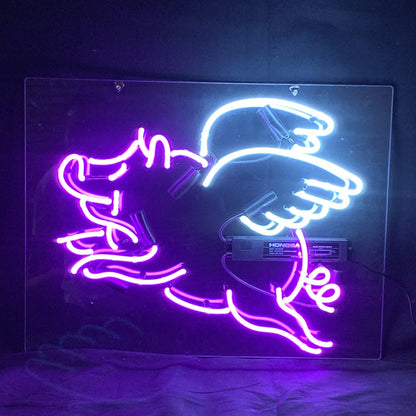 "Purple pigs with wings neon sign glass- perfect for garages, man caves, shops. Eye-catching on wall and window"