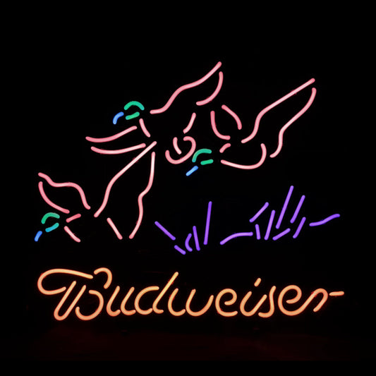 "Pink Pheasant Hunter Budweiser neon sign glass - bright and vibrant logo, perfect for bars, game rooms, and man caves."