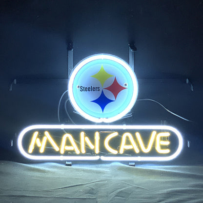 "Pittsburgh Steelers Football Man Cave neon sign glass - vibrant team logo, perfect for sports bars, game rooms, and fan spaces."