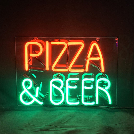 "Pizza & Beer neon sign glass - bright and vibrant logo, perfect for bars, game rooms, and man caves."