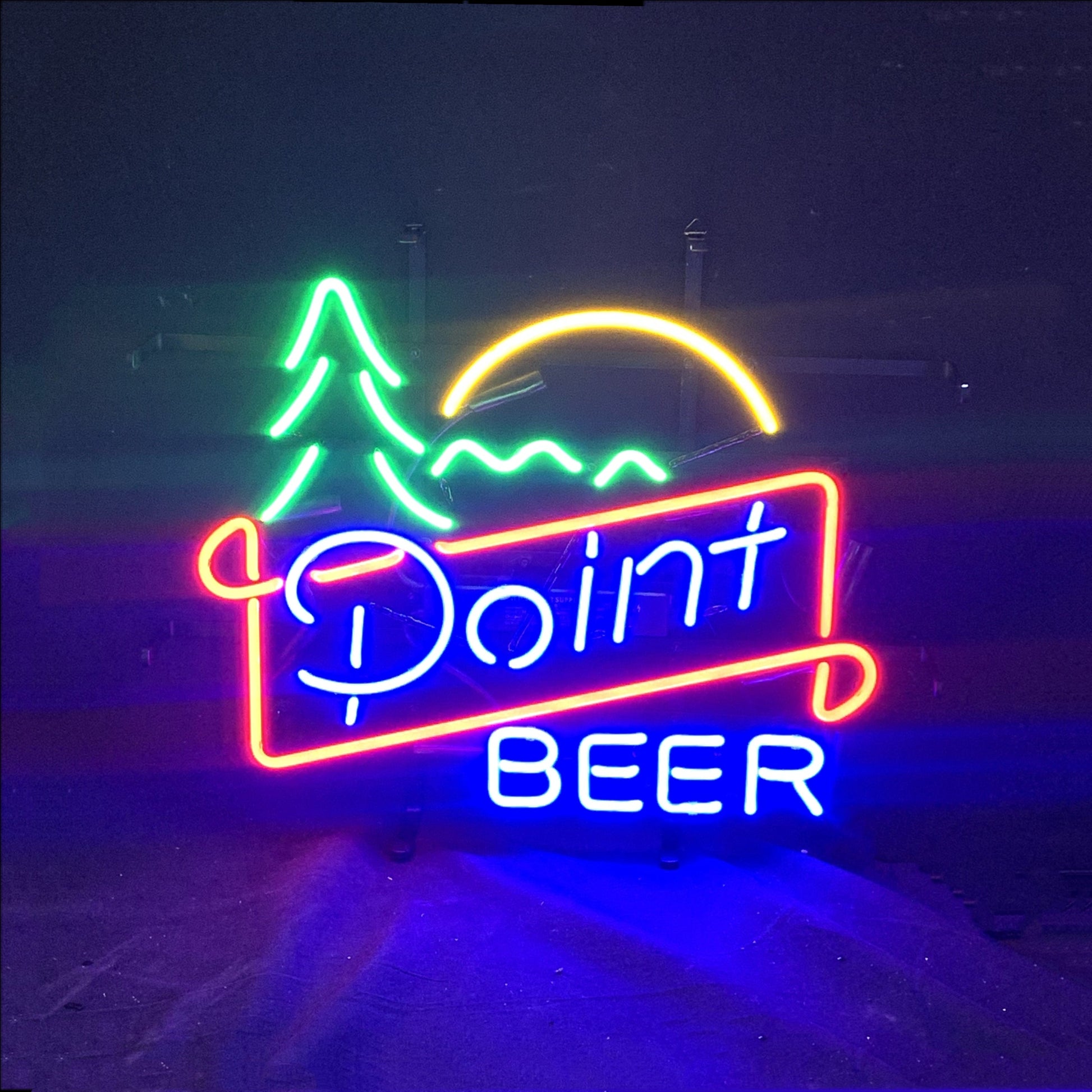 "Point Beer Mountain neon sign glass - bright and vibrant logo, perfect for bars, game rooms, and man caves."