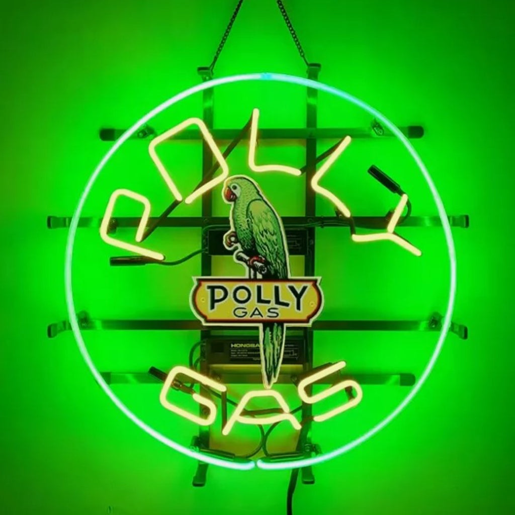 "Polly Gas Parrot neon sign glass with acrylic printed- ideal for gas stations, shops, garages, gift.  Enhancing the vintage ambiance of any space."