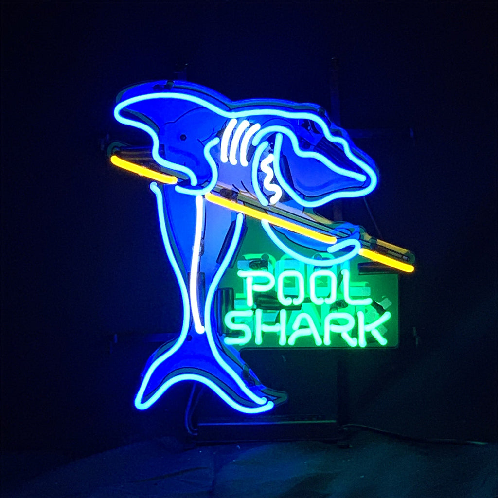 "Pool Shark neon sign glass- perfect for garages, man caves, shop. Eye-catching on wall and window"